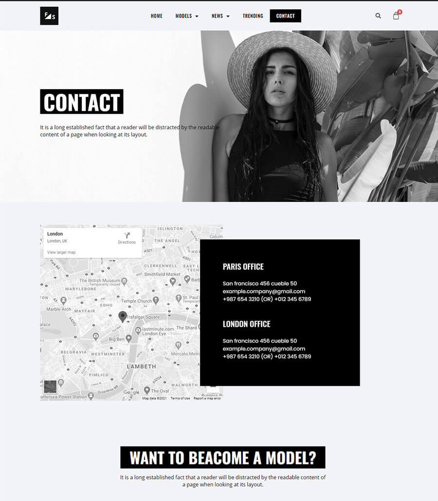 机构Elementor网站模板_一键导入快速建站插图2-WP资源海 Fashion and Modeling Contact Page
