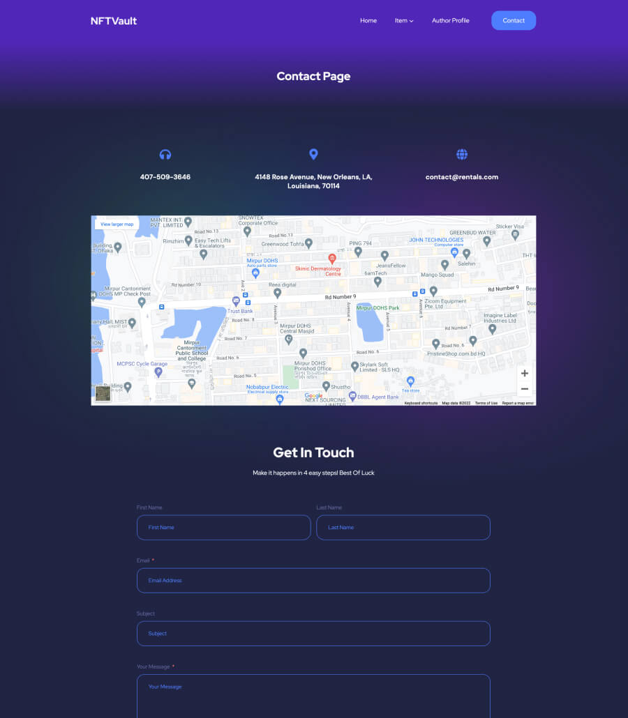 NFT项目Gutenberg网站模板_一键导入快速建站插图3-WP资源海 NFTVault Contact Page For Gutenberg