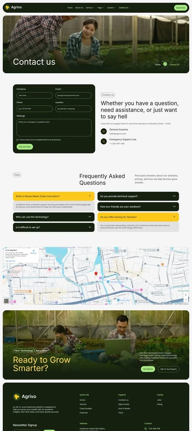 农业科技与有机种植Elementor网站模板_一键导入快速建站插图2-WP资源海 农业 Elementor 模板联系页面预览