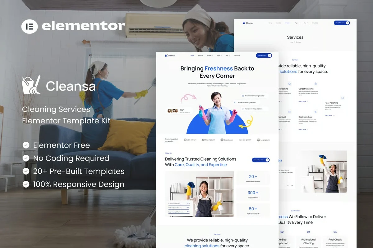 清洁保洁服务Elementor网站模板_一键导入快速建站插图-WP资源海 保洁 Elementor 网站模板封面