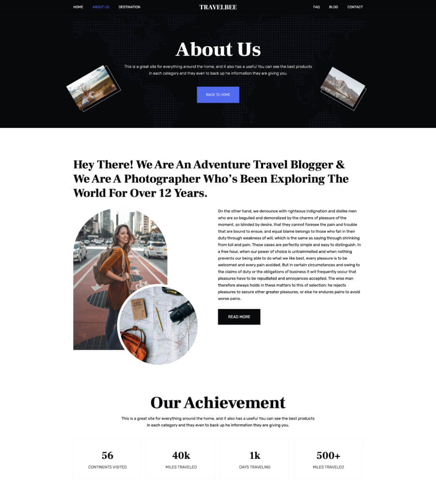 旅行博客Gutenberg网站模板_一键导入快速建站插图2-WP资源海 TravelBee About Us Page For Gutenberg