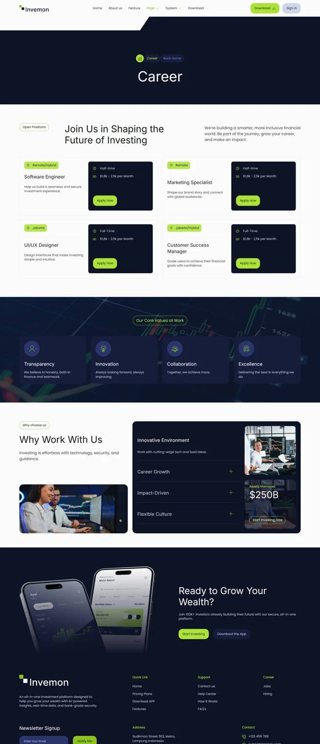 金融/投资 Elementor 模板招聘页面预览