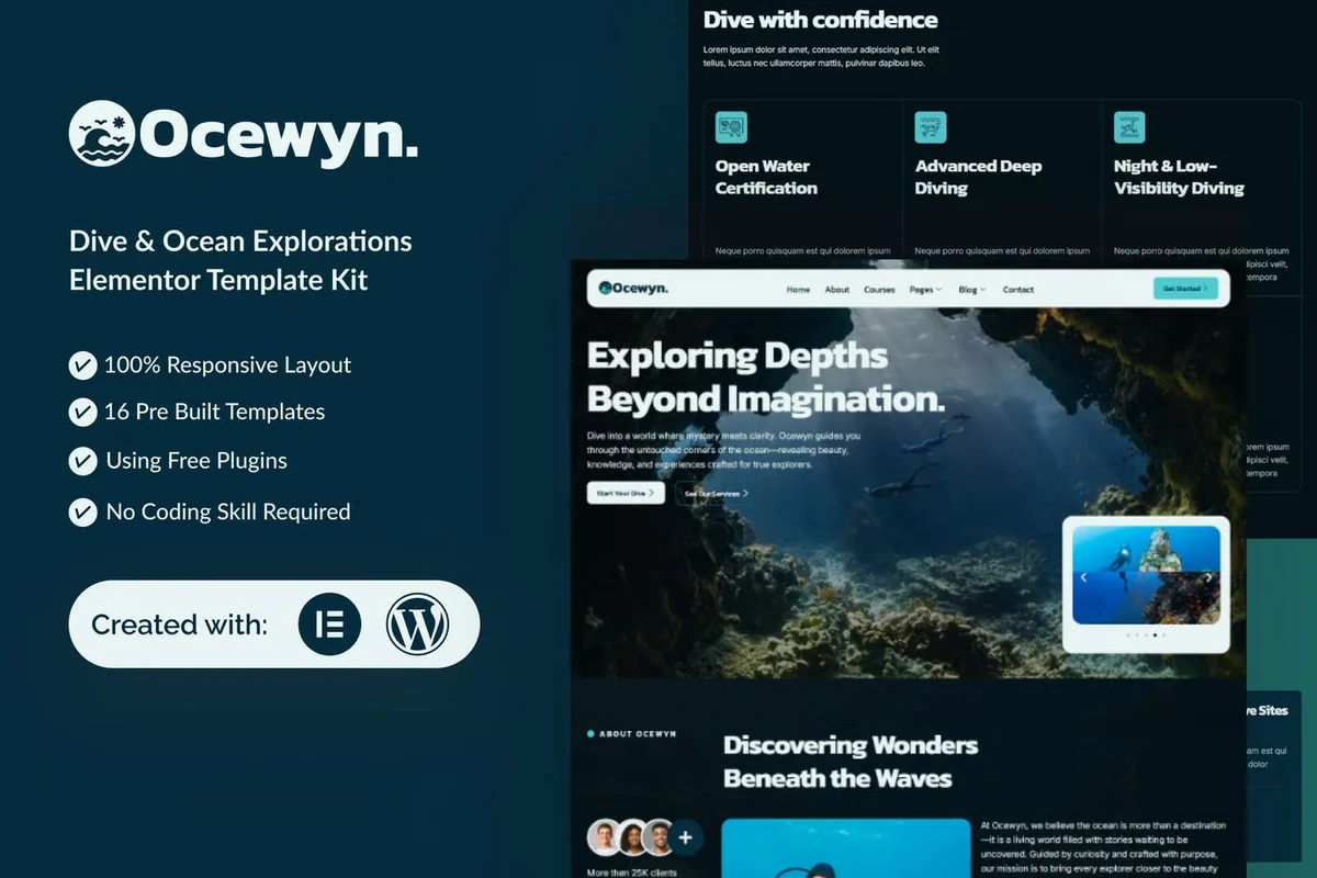 潜水与海洋探索Elementor网站模板_一键导入快速建站插图-WP资源海 户外/旅行 Elementor 网站模板封面