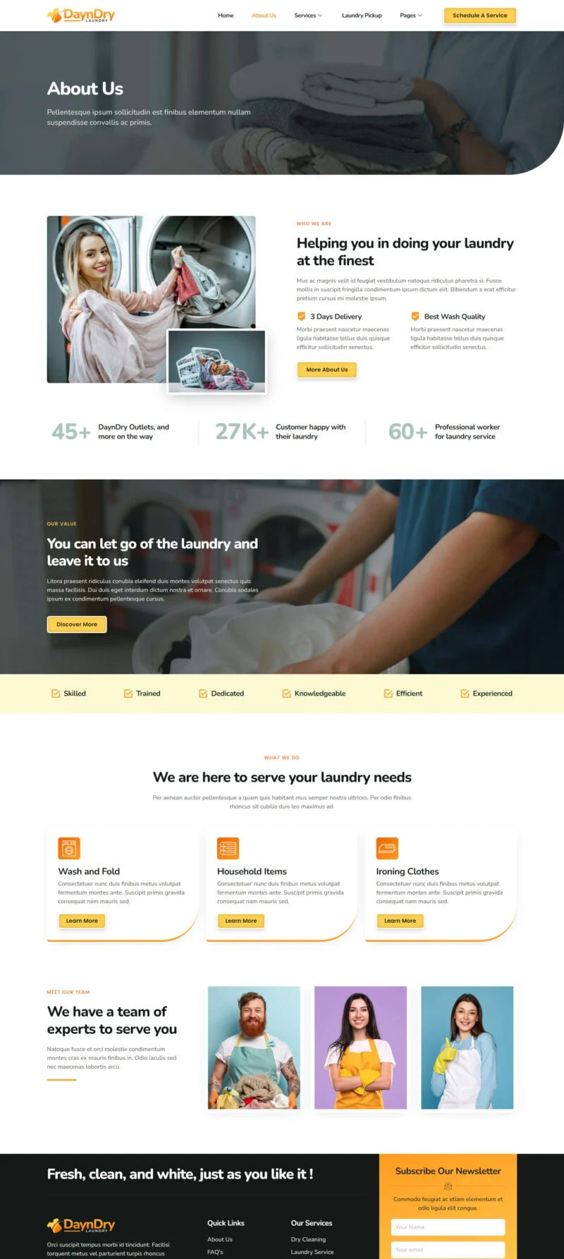 洗衣服务Elementor网站模板_一键导入快速建站插图3-WP资源海 家政 Elementor 模板关于我们预览