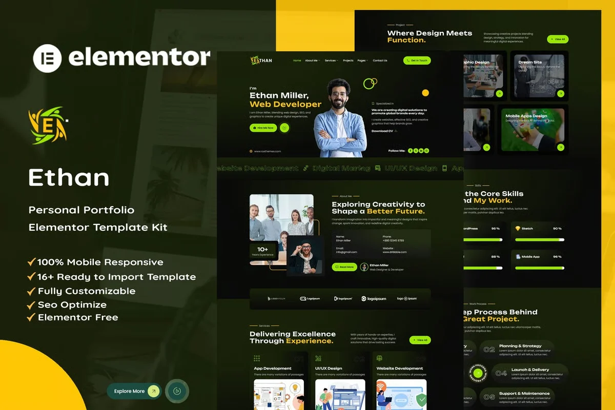 Web 开发者个人作品集Elementor网站模板_一键导入快速建站插图-WP资源海 个人 Elementor 网站模板封面