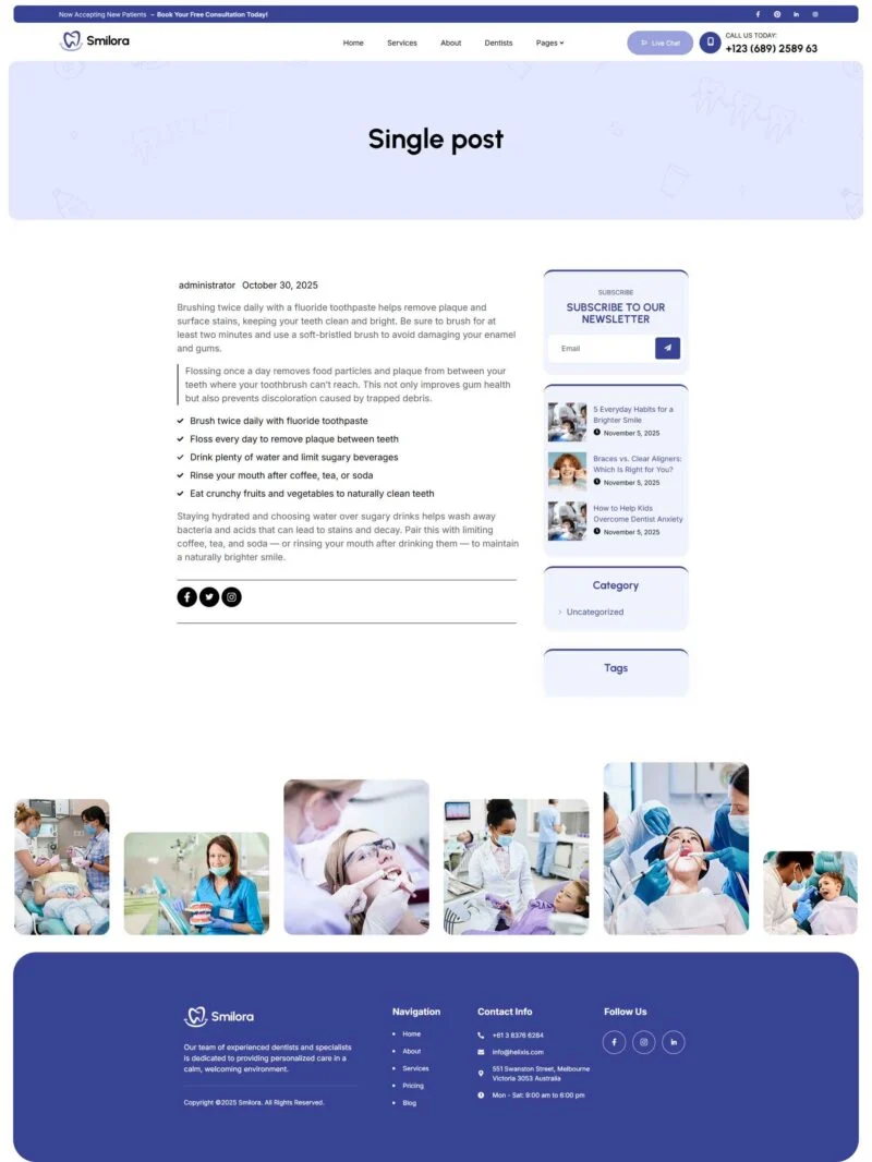 牙医与口腔护理Elementor网站模板_一键导入快速建站插图2-WP资源海 健康/医药 Elementor 模板文章详情预览