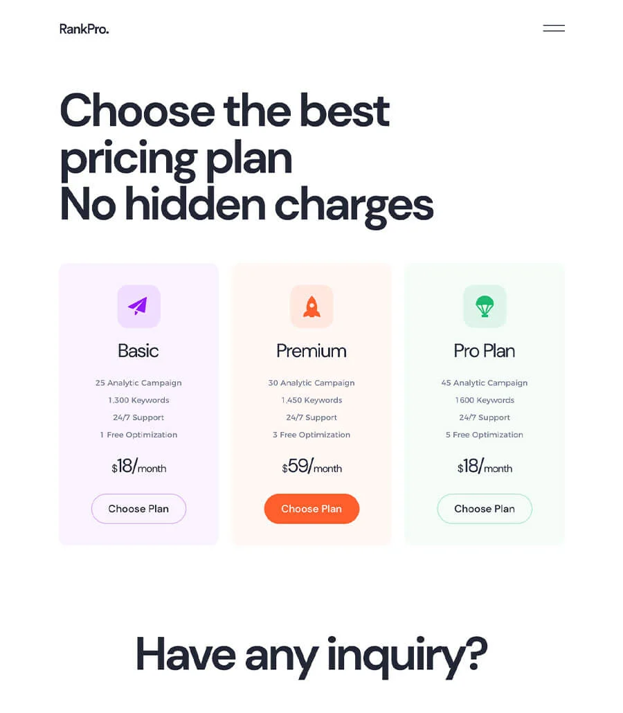 SEO 代理Elementor网站模板_一键导入快速建站插图2-WP资源海 RankPro Pricing Page