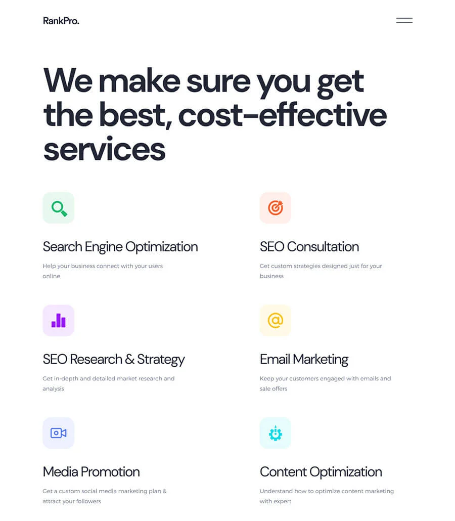 SEO 代理Elementor网站模板_一键导入快速建站插图5-WP资源海 RankPro Services Page