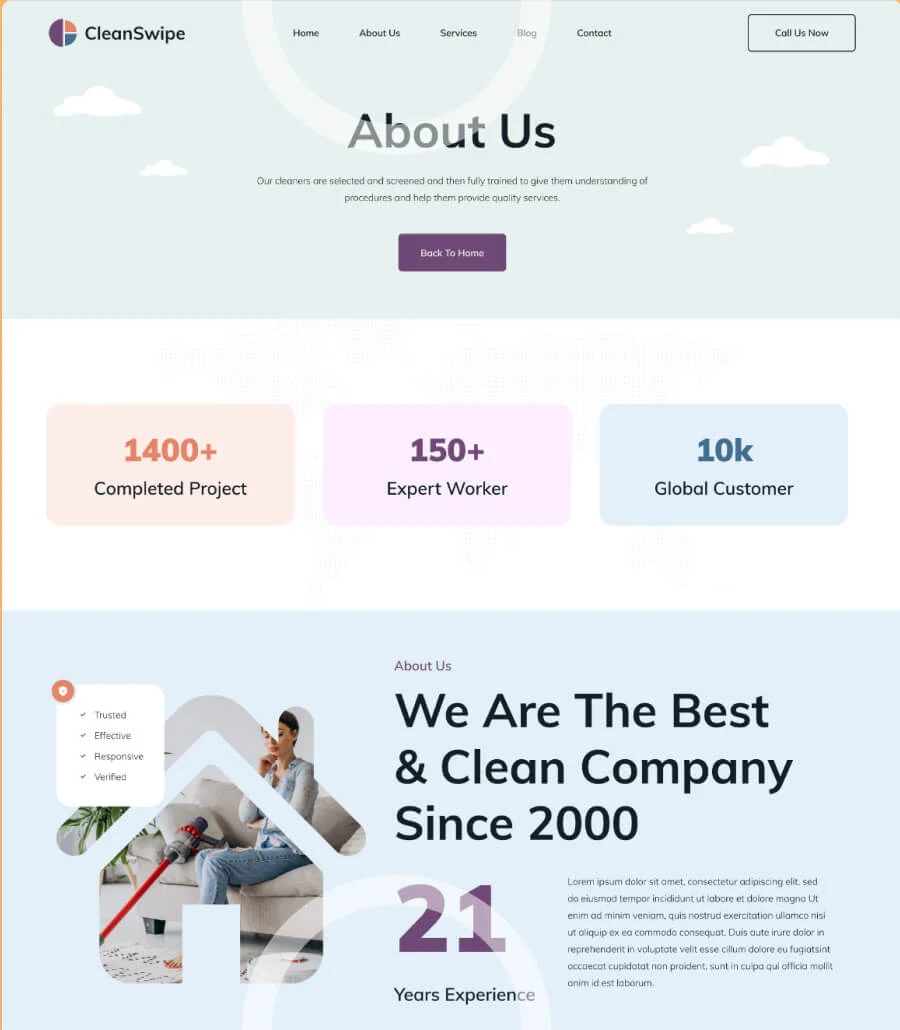 清洁服务Elementor网站模板_一键导入快速建站插图2-WP资源海 CleanSwipe About Page