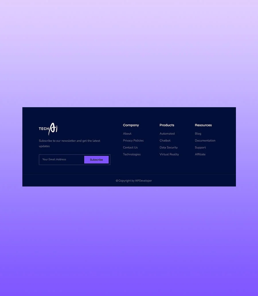 科技Gutenberg网站模板_一键导入快速建站插图11-WP资源海 TechAI Footer Section For Gutenberg