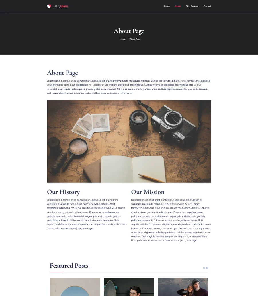 现代杂志 · 编辑器·Gutenberg网站模板_一键导入快速建站插图2-WP资源海 DailyGlam About Page For Gutenberg