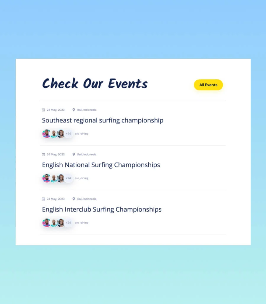 冲浪活动Gutenberg网站模板_一键导入快速建站插图8-WP资源海 Surferly Events Section For Gutenberg