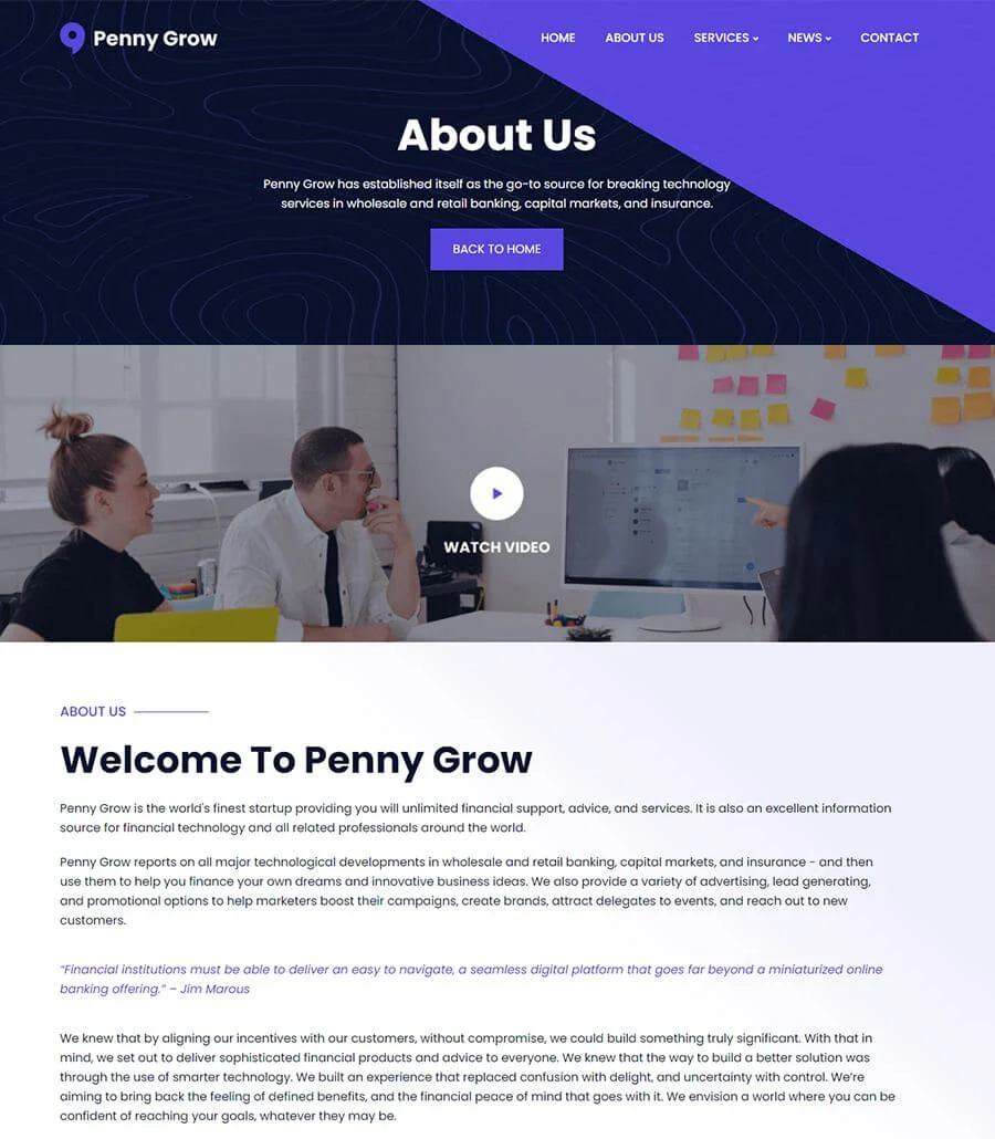 金融科技初创Elementor网站模板_一键导入快速建站插图3-WP资源海 Penny Grow About Page