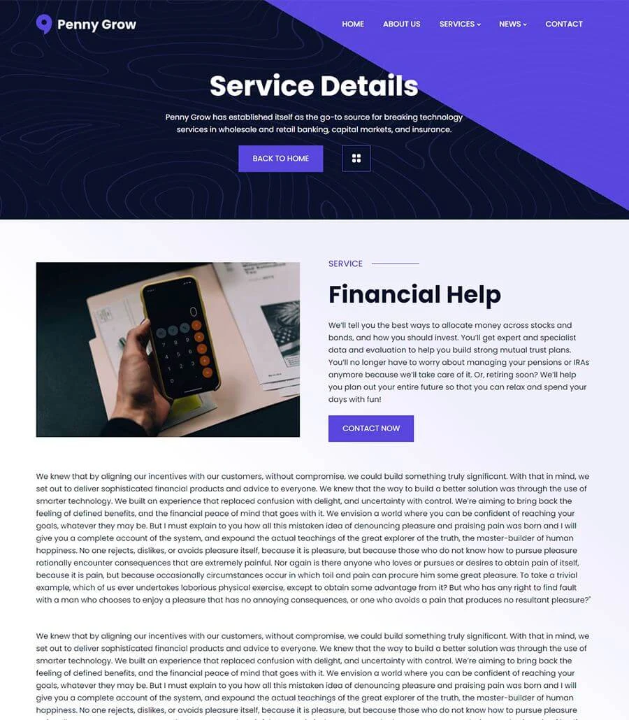 金融科技初创Elementor网站模板_一键导入快速建站插图2-WP资源海 Penny Grow Service Details Page