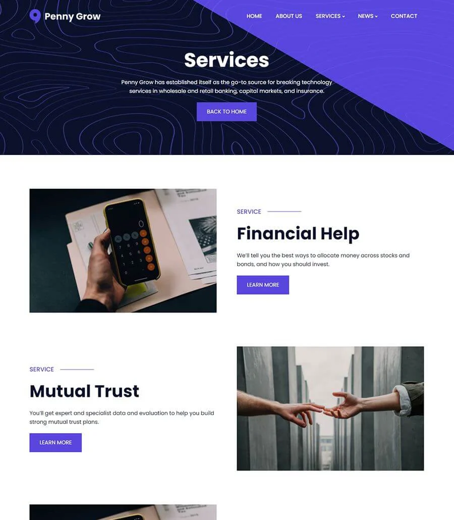 金融科技初创Elementor网站模板_一键导入快速建站插图5-WP资源海 Penny Grow Services Page