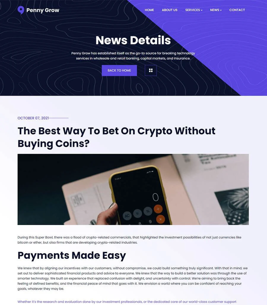 金融科技初创Elementor网站模板_一键导入快速建站插图7-WP资源海 Penny Grow Single News Page