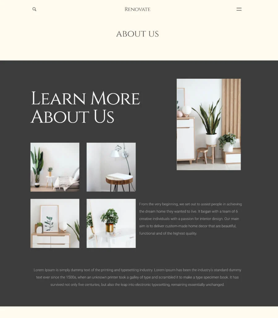 Renovate - Home Decor About Us Page for Gutenberg
