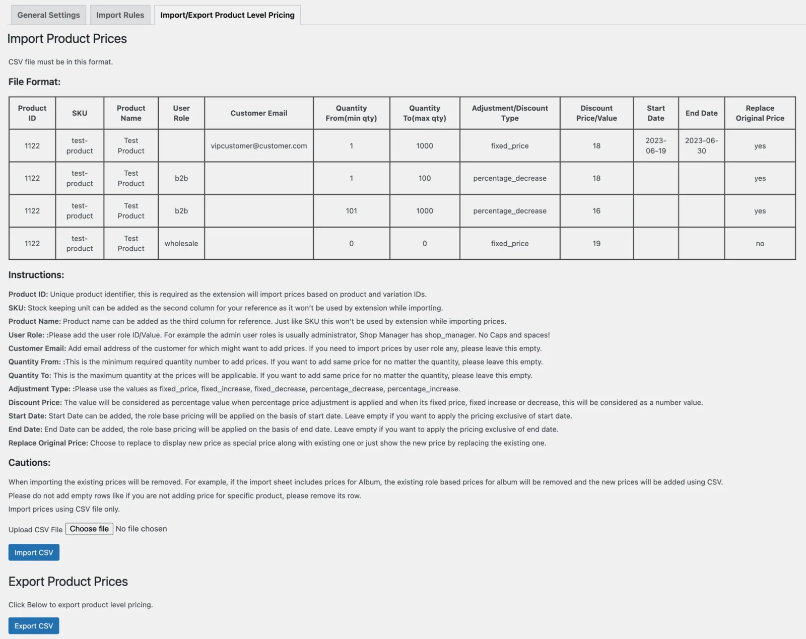 WooCommerce Role based prices import export
