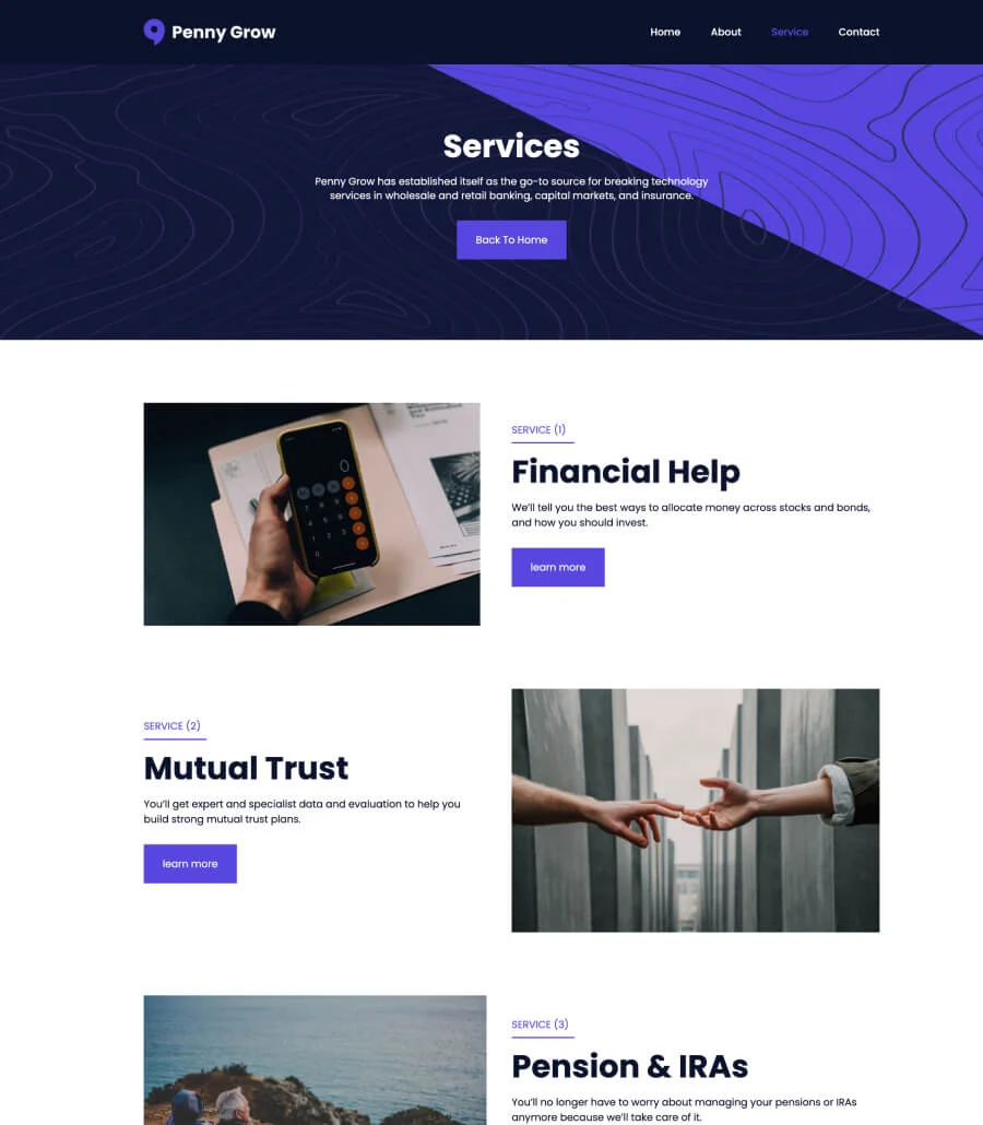金融科技初创Gutenberg网站模板_一键导入快速建站插图2-WP资源海 Penny Grow Service Page For Gutenberg