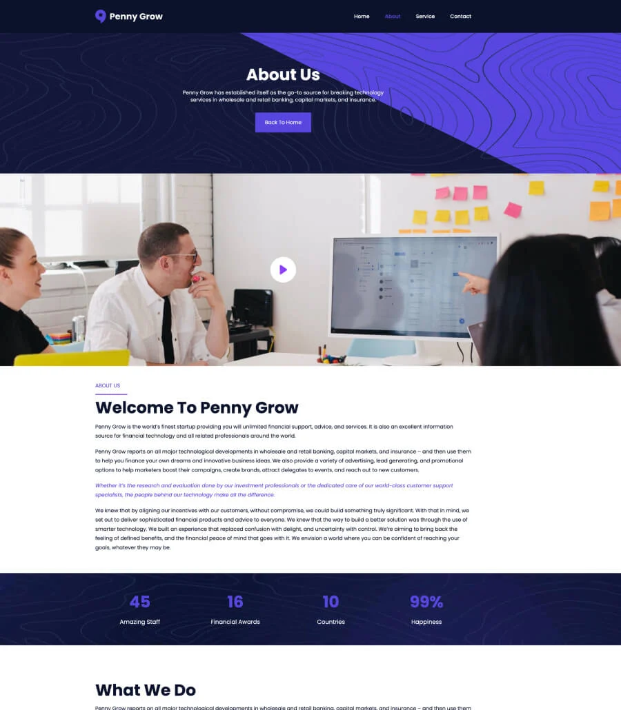 金融科技初创Gutenberg网站模板_一键导入快速建站插图3-WP资源海 Penny Grow About Page For Gutenberg