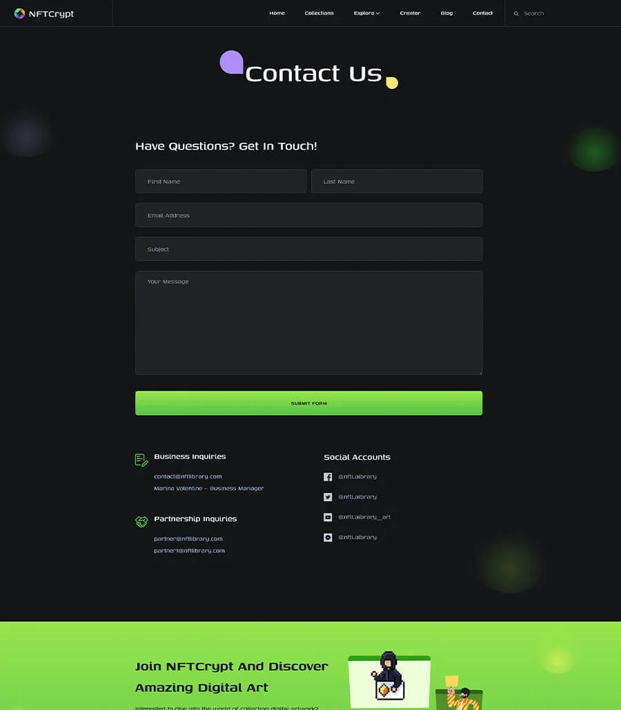 NFTCrypt Contact Page For Gutenberg