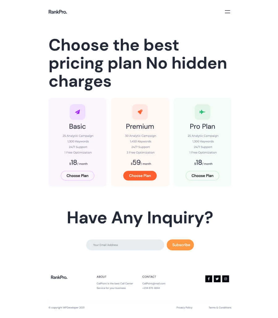 SEO 机构Gutenberg网站模板_一键导入快速建站插图3-WP资源海 RankPro Pricing Page For Gutenberg