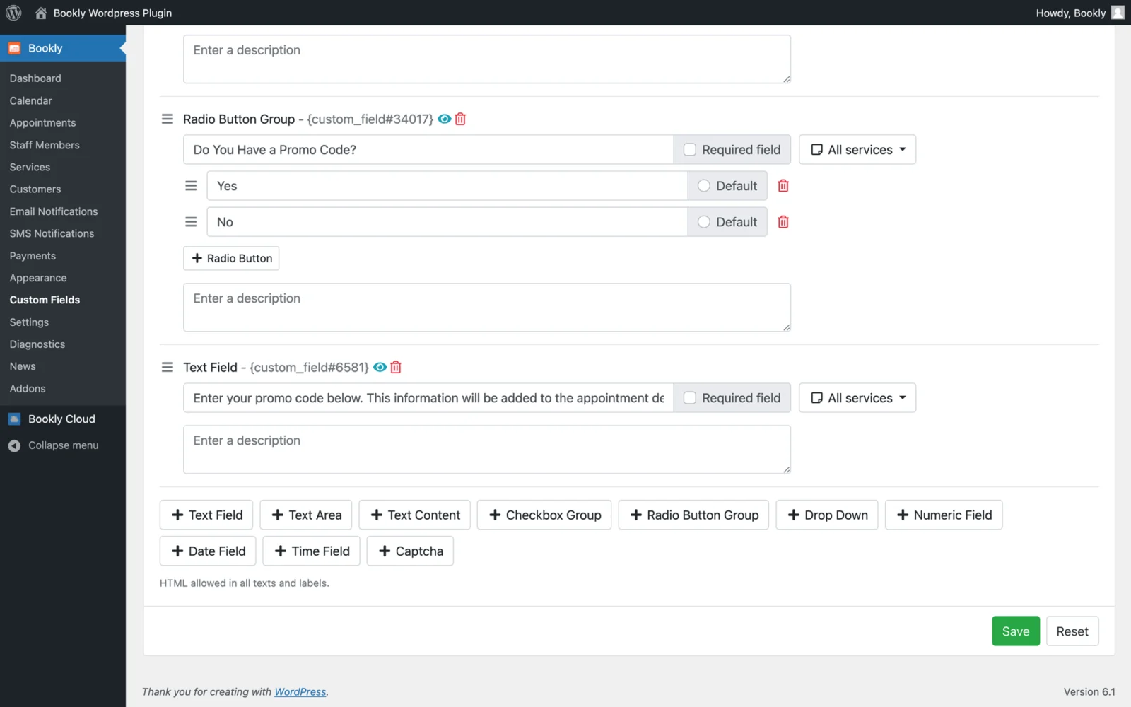 Bookly Square Payment (Add-on) 预约支付集成 WordPress 插件插图-WP资源海 Various types of custom fields in your Bookly booking form