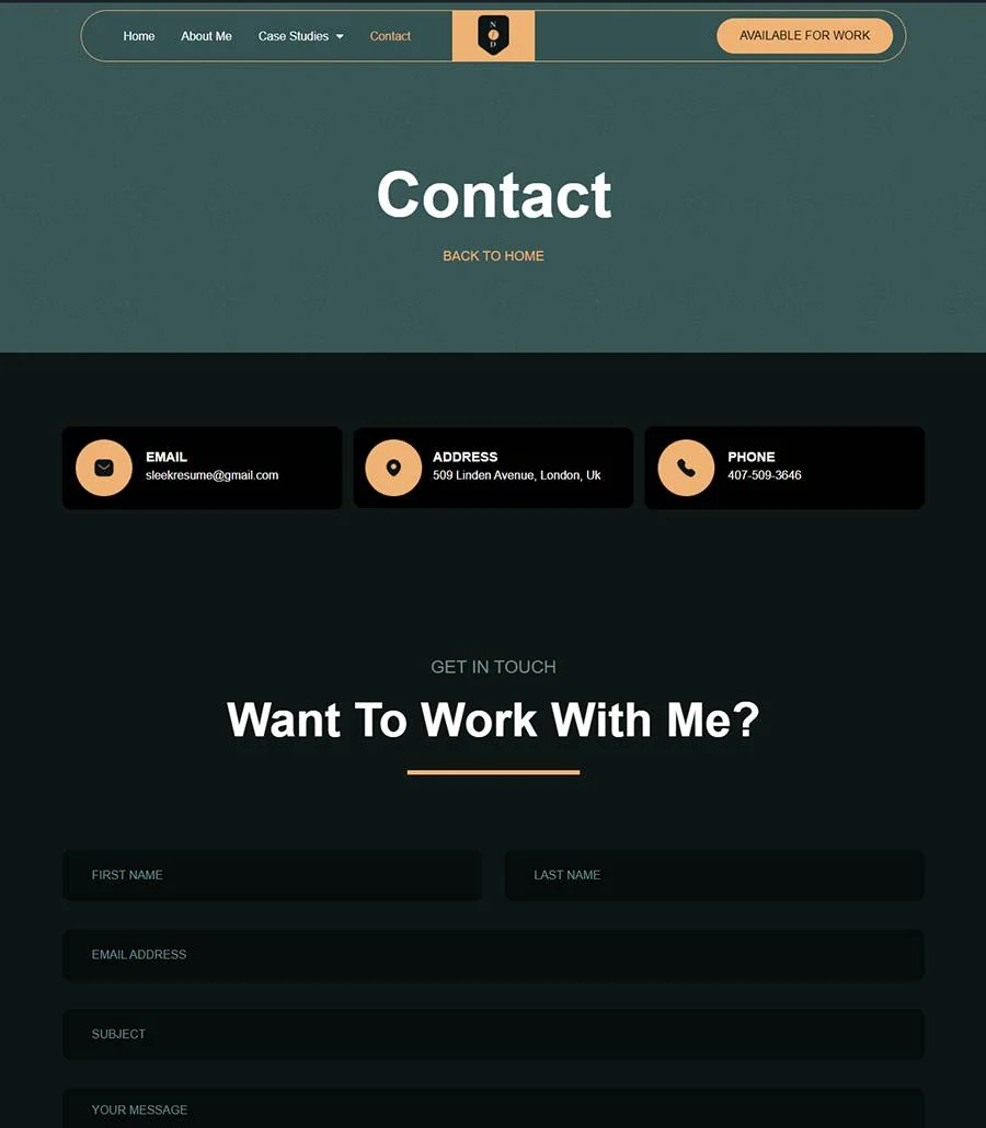 个人简历Elementor网站模板_一键导入快速建站插图3-WP资源海 SleekResume Contact Page