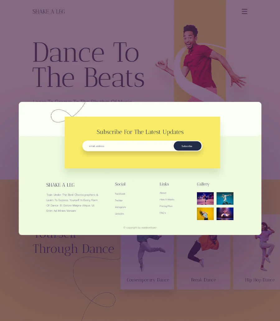 舞蹈工作室Elementor网站模板_一键导入快速建站插图5-WP资源海 Shake A Leg Footer