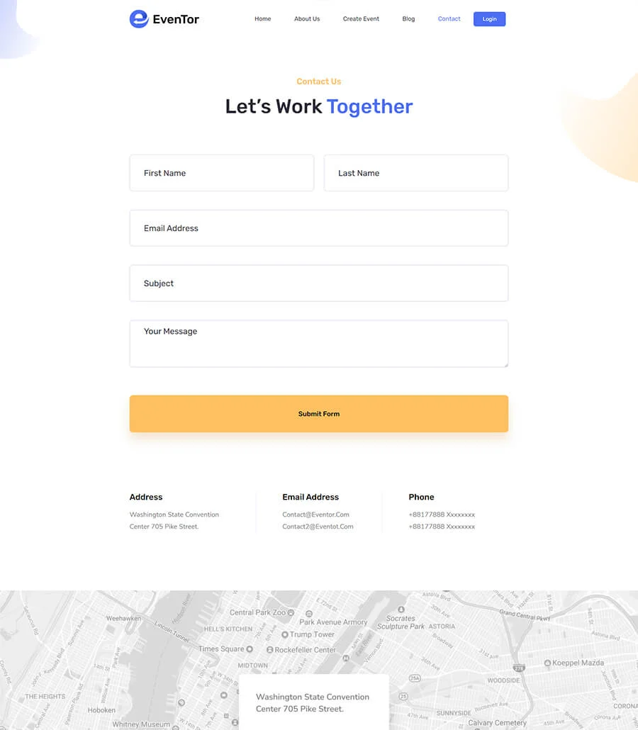 活动管理Elementor网站模板_一键导入快速建站插图3-WP资源海 EvenTor Contact Page