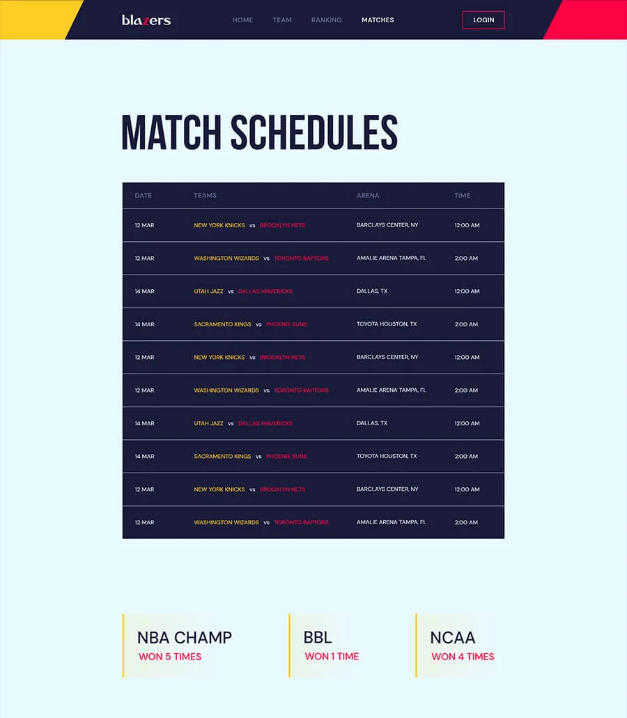 Blazers Matches Page