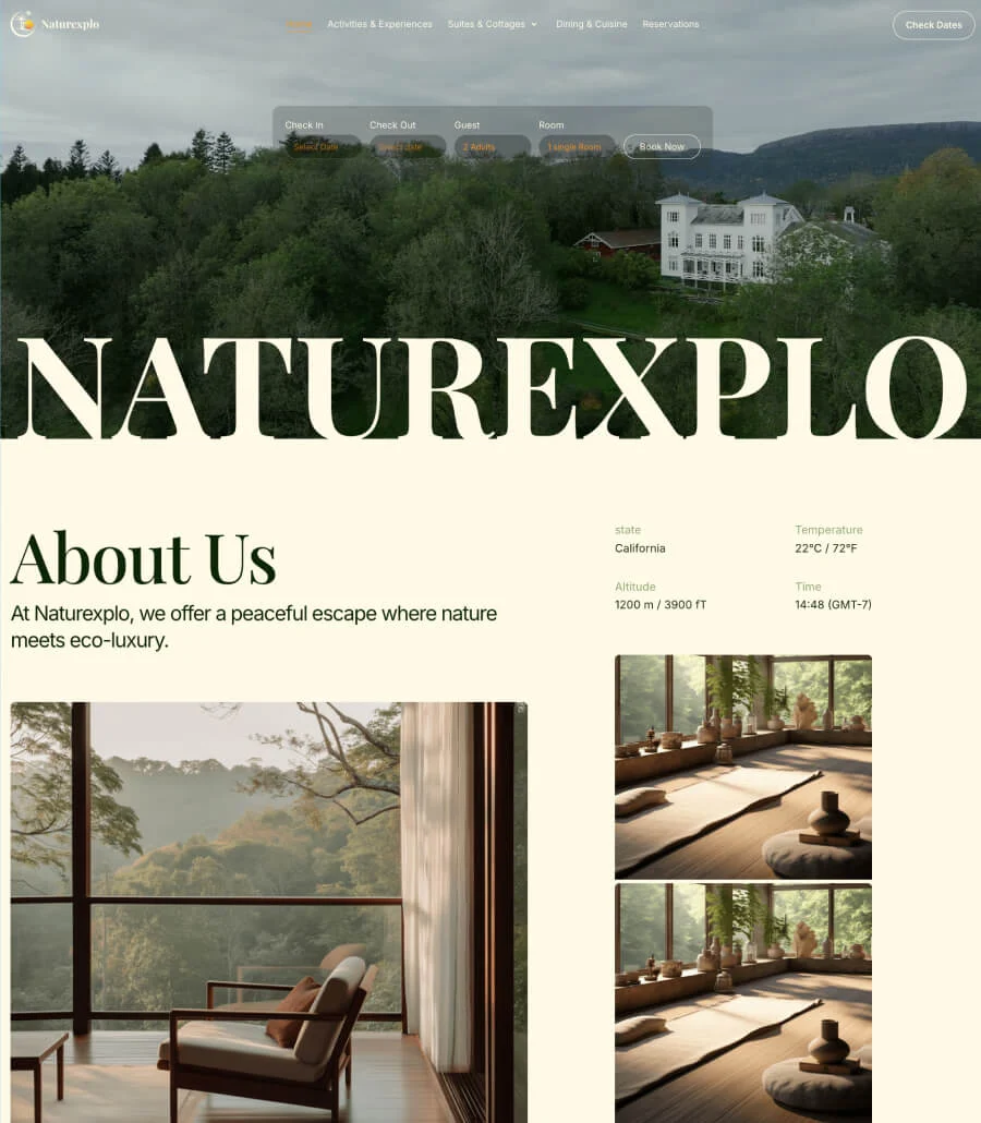 生态度假Elementor网站模板_一键导入快速建站插图1-WP资源海 Naturexplo Landing Page
