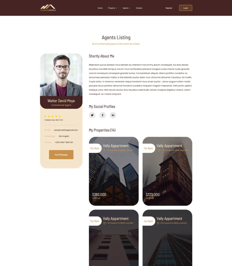 房地产Gutenberg网站模板_一键导入快速建站插图6-WP资源海 TemplatelyBuilders Agent Details Page For Gutenberg