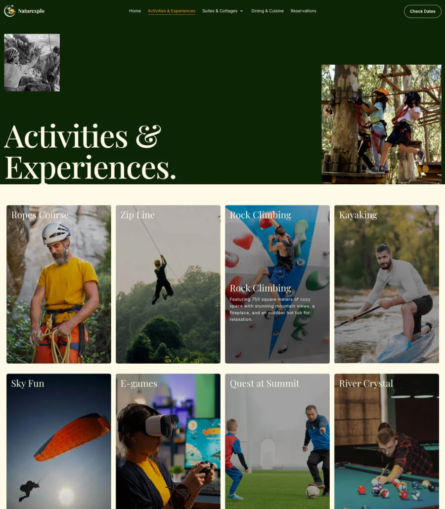 生态度假Elementor网站模板_一键导入快速建站插图2-WP资源海 Naturexplo Activities & Experiences Page