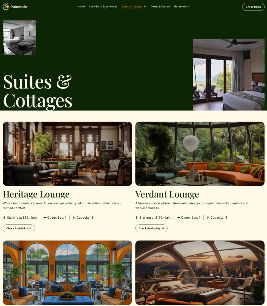 生态度假Elementor网站模板_一键导入快速建站插图3-WP资源海 Naturexplo Suites & Cottages Page