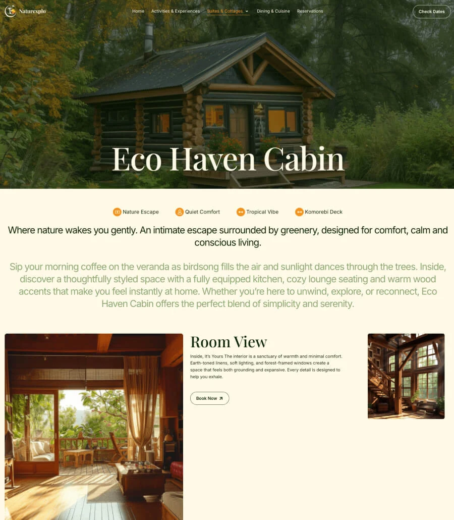 生态度假Elementor网站模板_一键导入快速建站插图4-WP资源海 Naturexplo Cottages Single Page