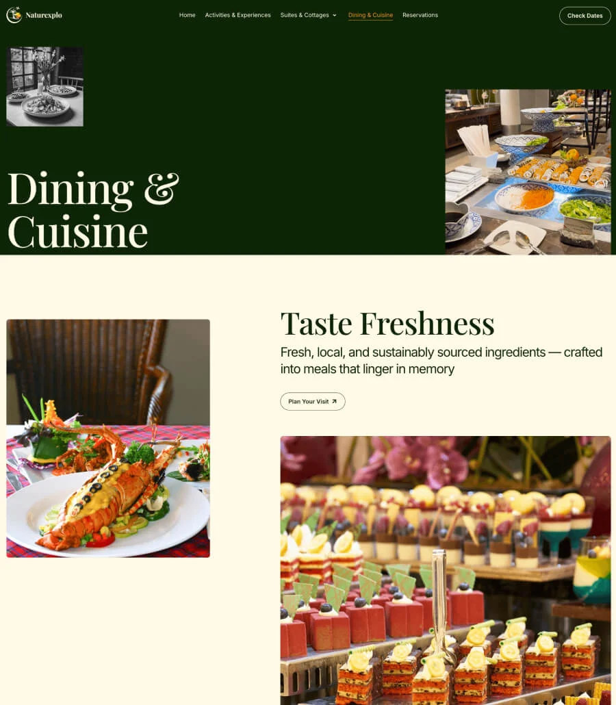 生态度假Elementor网站模板_一键导入快速建站插图5-WP资源海 Naturexplo Dining & Cuisine Page