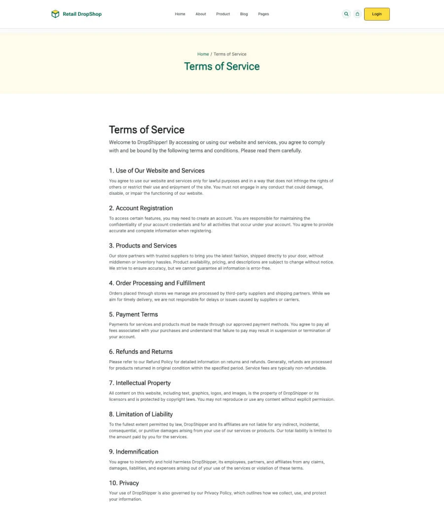 代发货Gutenberg网站模板_一键导入快速建站插图3-WP资源海 Retail DropShop Terms of Service page For Gutenberg
