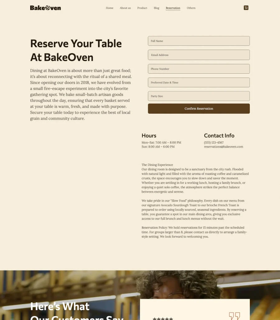 BakeOven Reservation Page For Gutenberg