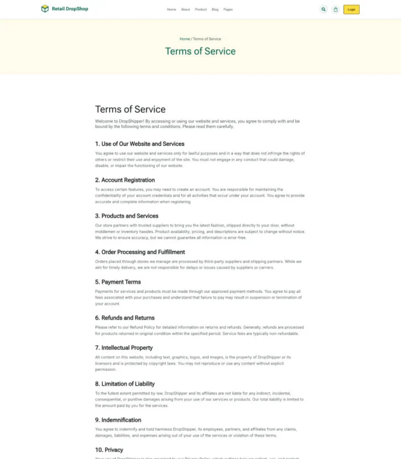 Retail DropShop Terms of Service page