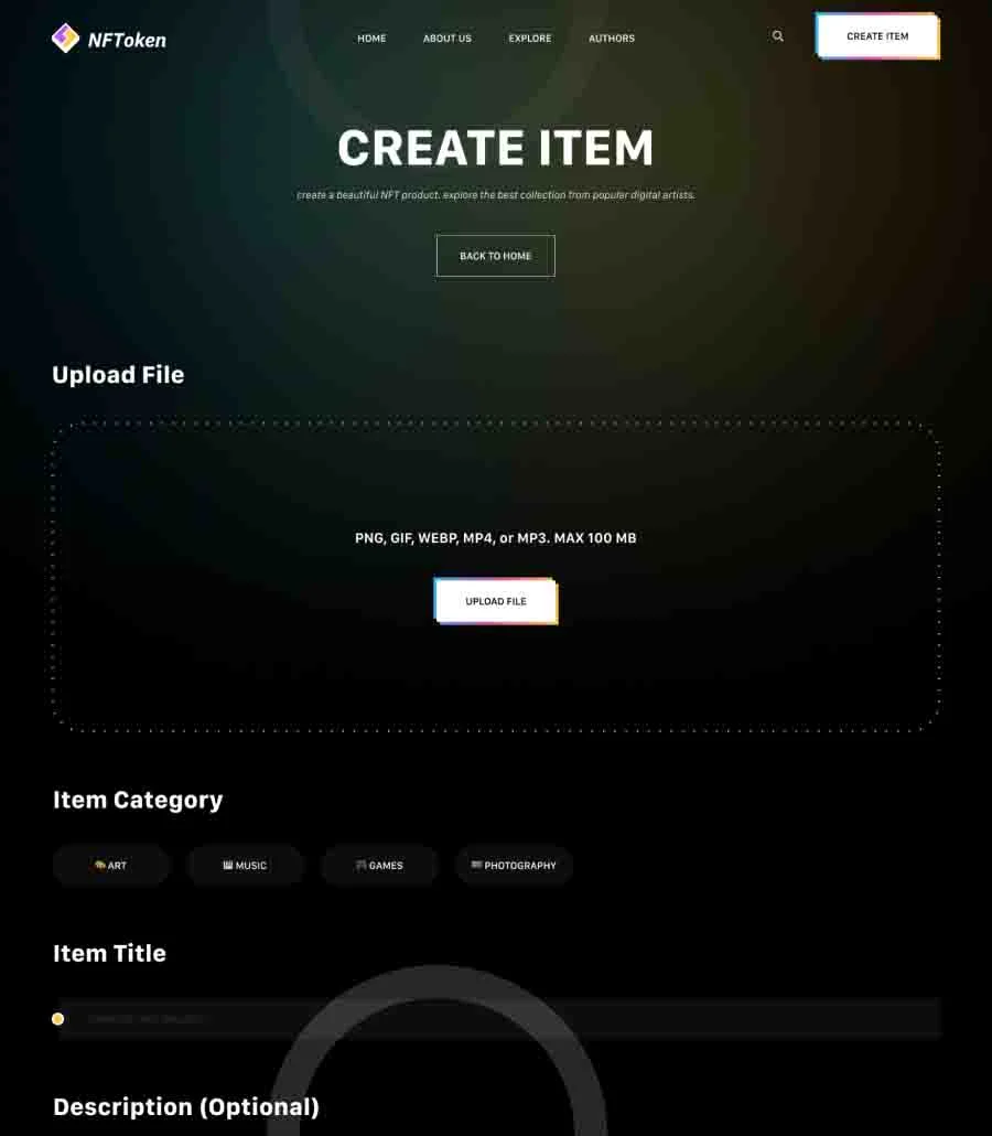 NFToken Create Item Page