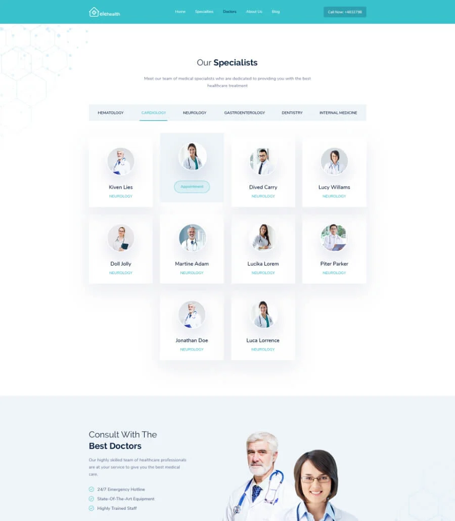 EleHealth Website Template Doctors List Page