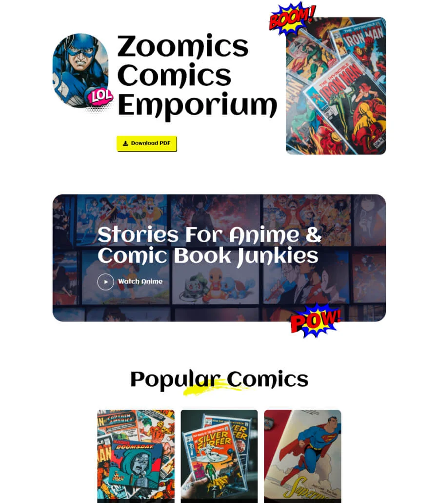漫画动画Gutenberg网站模板_一键导入快速建站插图1-WP资源海 Zoomics Home Page For Gutenberg
