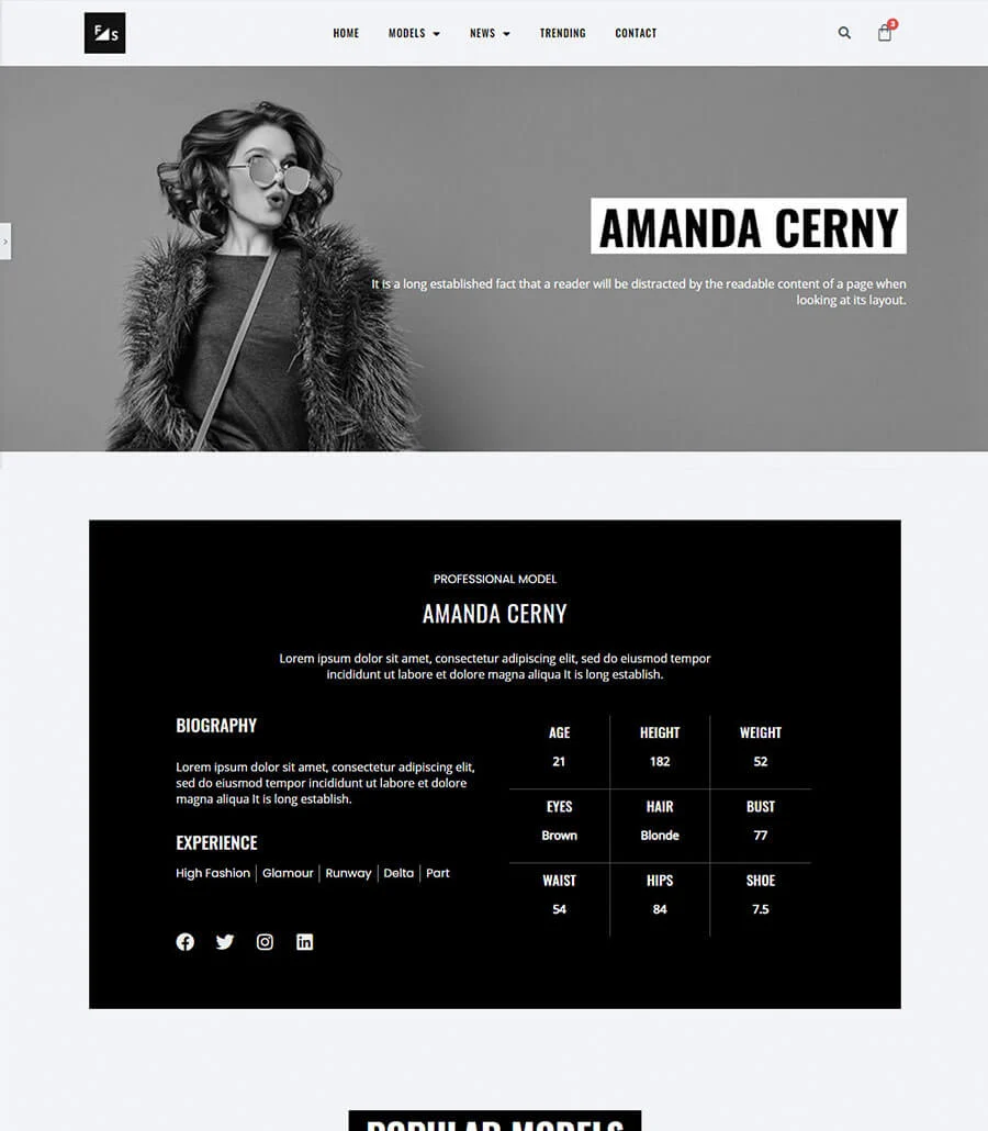机构Elementor网站模板_一键导入快速建站插图4-WP资源海 Fashion and Modeling Profile Page