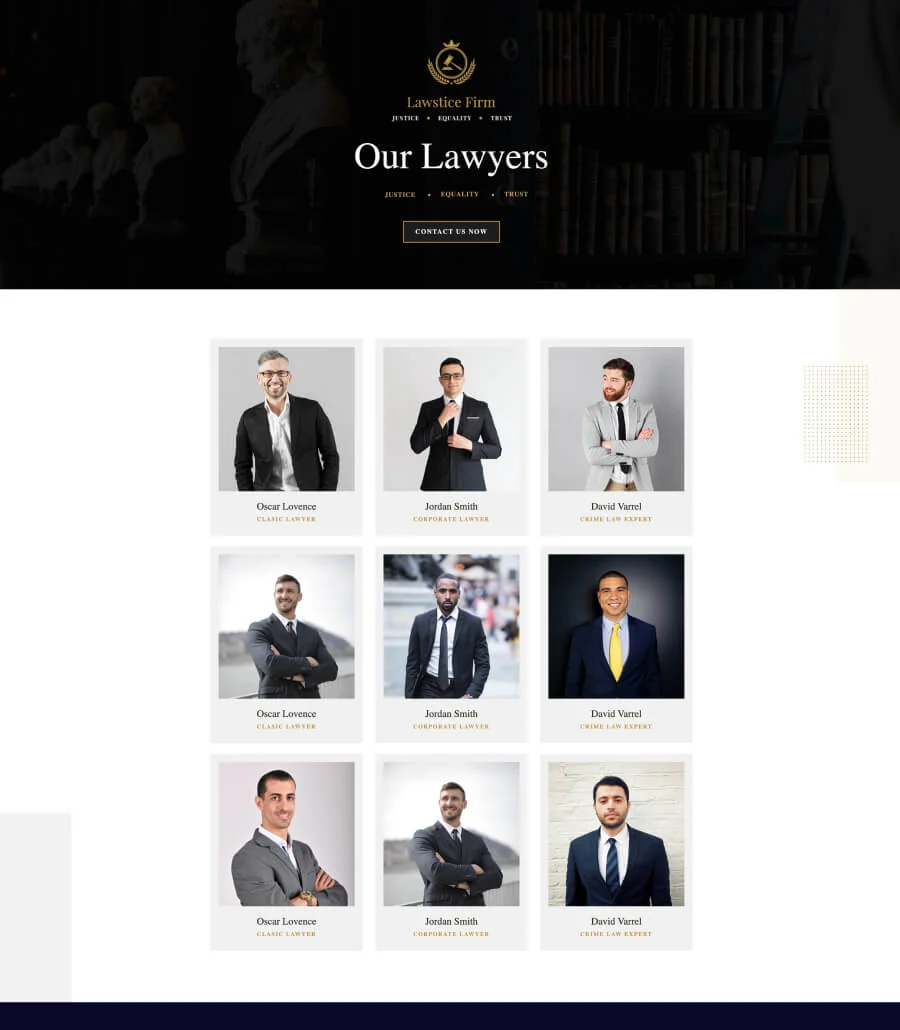 律师事务所Gutenberg网站模板_一键导入快速建站插图5-WP资源海 Lawstice Team Page For Gutenberg