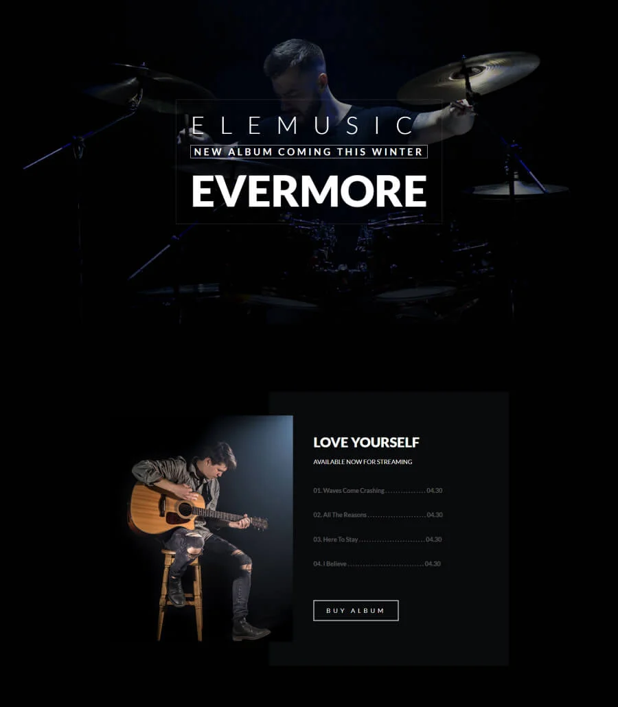 音乐人个人主页Gutenberg网站模板_一键导入快速建站插图1-WP资源海 EleMusic Landing Page For Gutenberg