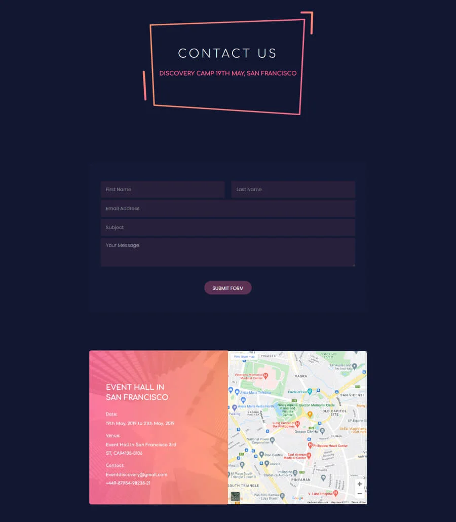 EventGree Contact Page Dark For Gutenberg