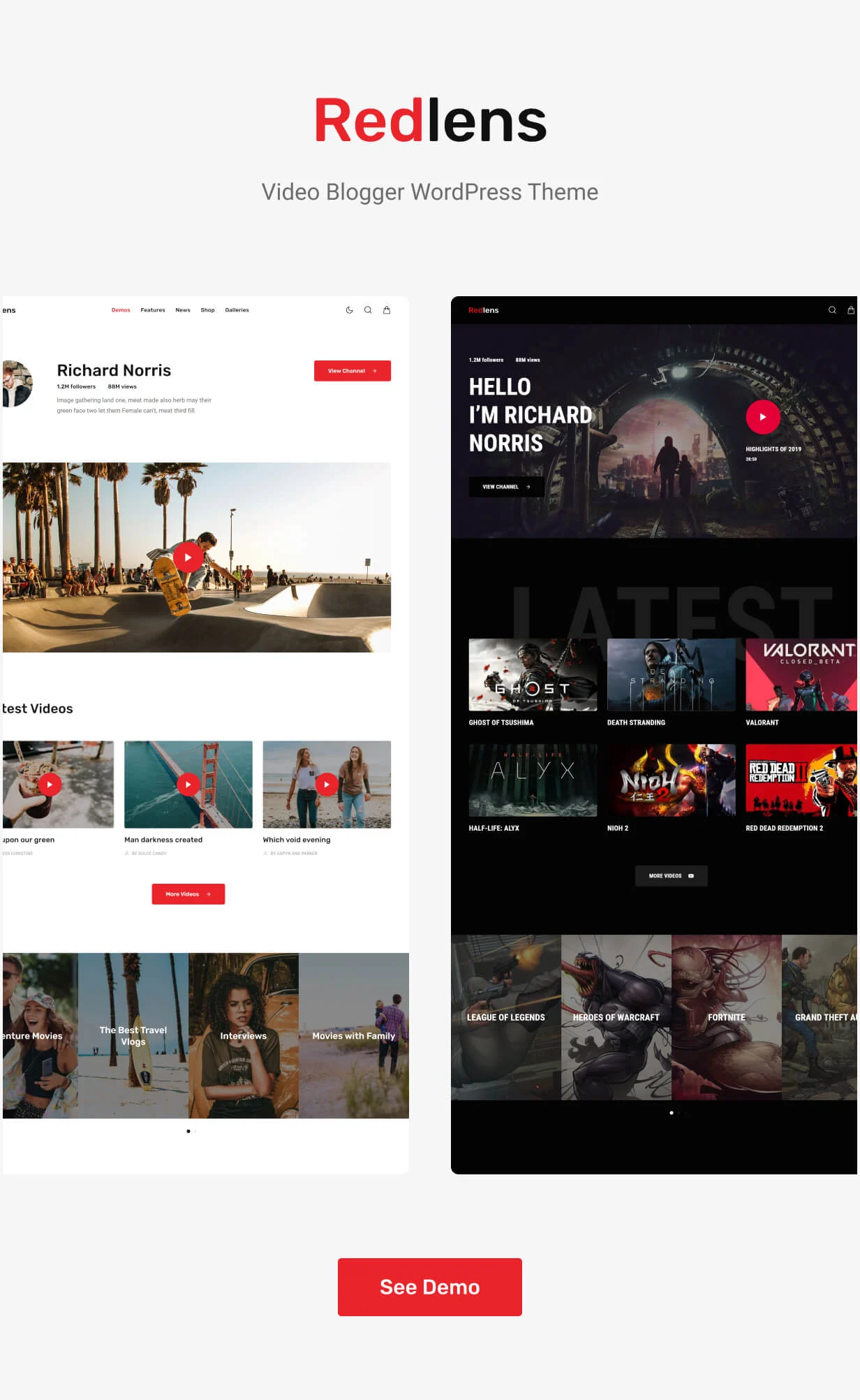 Redlens 视频博主与游戏主播专用 WordPress 主题插图-WP资源海 Redlens - Video WordPress Theme