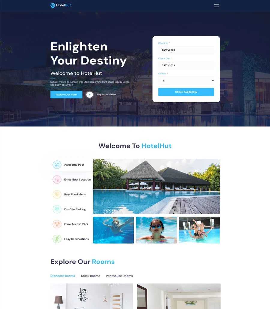 酒店预订Gutenberg网站模板_一键导入快速建站插图1-WP资源海 HotelHut Home Page For Gutenberg