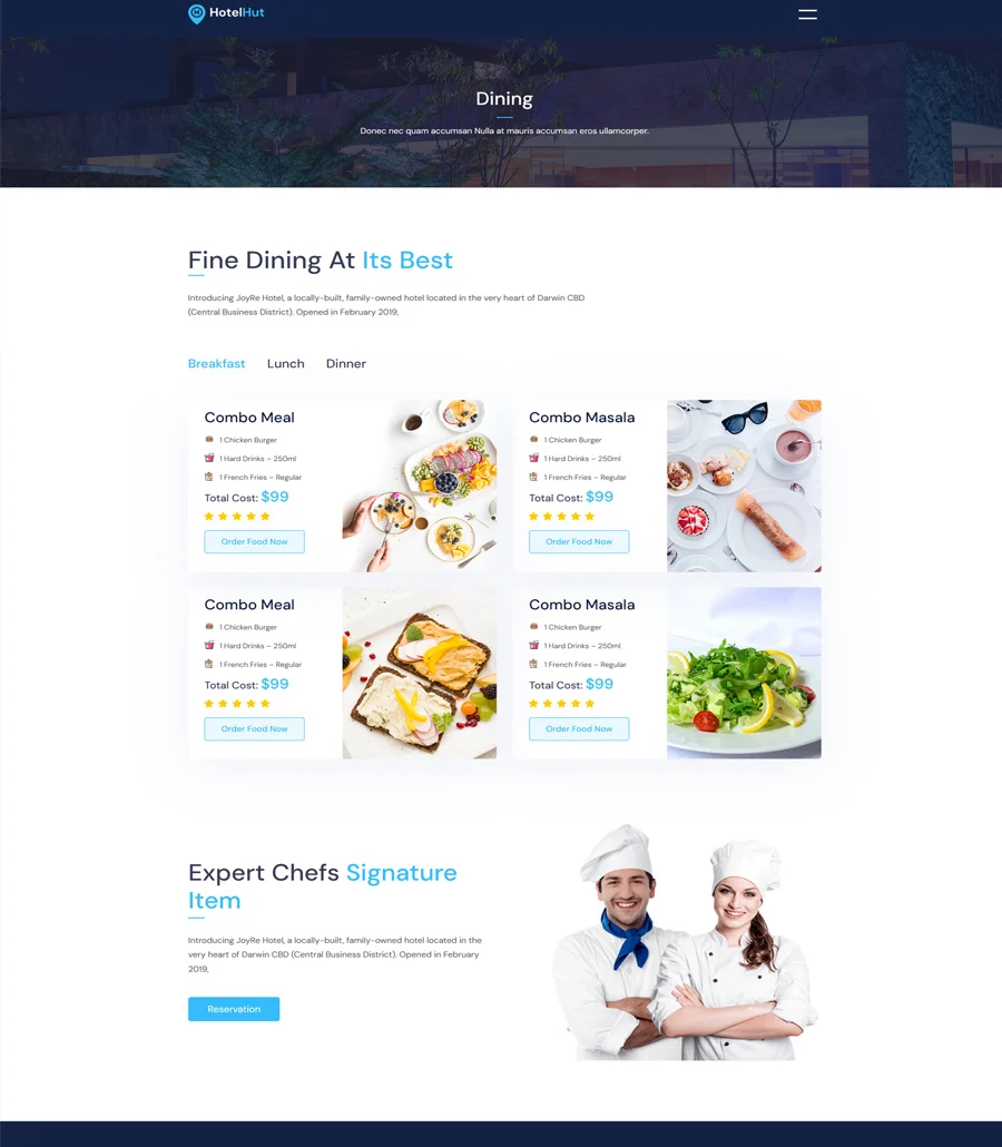 酒店预订Gutenberg网站模板_一键导入快速建站插图5-WP资源海 HotelHut Dining Page For Gutenberg
